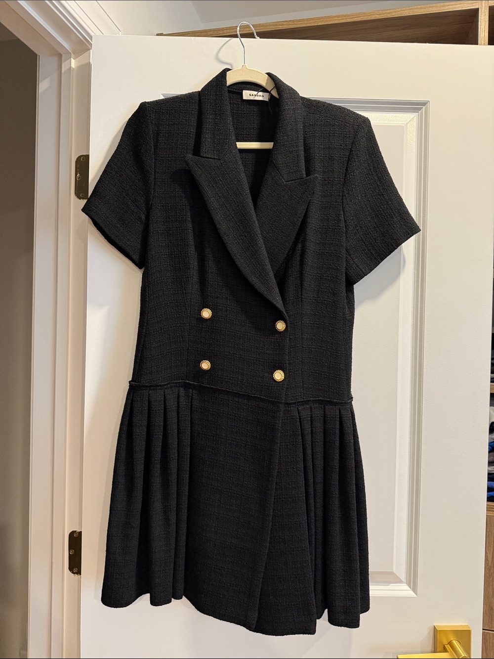 Sandro Black Short-Sleeve Double-Breasted Mini Dress with Gold Buttons